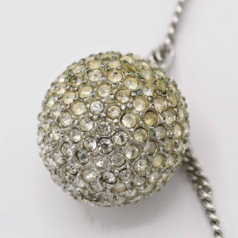 Christian DIOR Necklace Logo Ball Rhinestone Silver Color Accessories Ladies