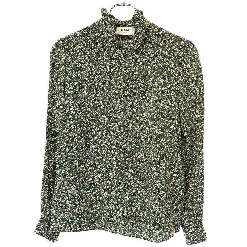 Celine 21aw Flower Print Silk Ruffle Blouse Shirt 2b501818n Green 34