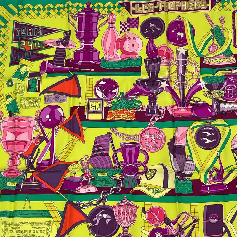 Hermes Carre 90 Scarf Silk LES Trophees Trophy Green And Yellow