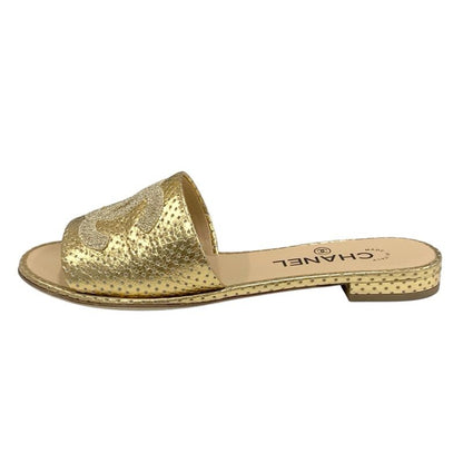 Chanel Sandals Shoes Leather Gold Flat Sandals Mules Coco Mark Punching