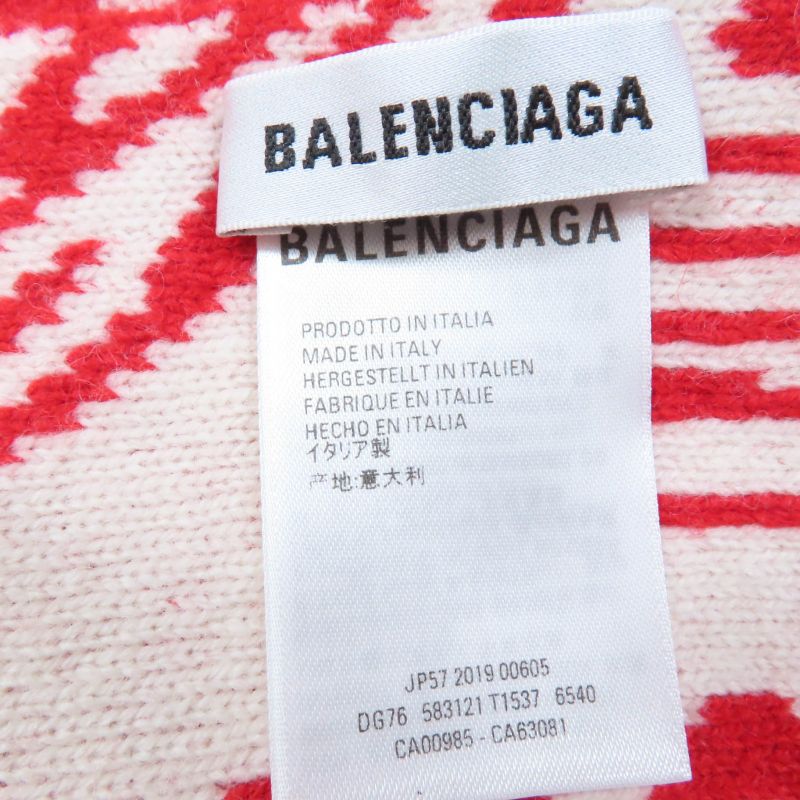 Balenciaga 583121 Virgin Wool Large Shawl Scarf With Logo Pattern Red Ivory S