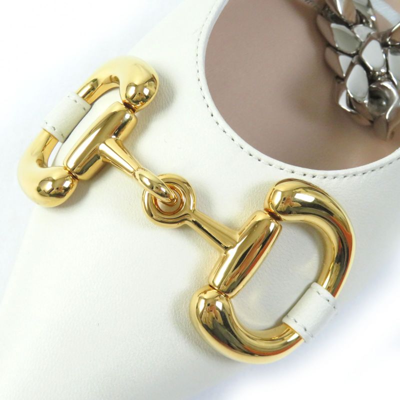 Gucci 621161 Leather Horsebit Pointed Toe Flat Pumps With Chain Ivory Gold And