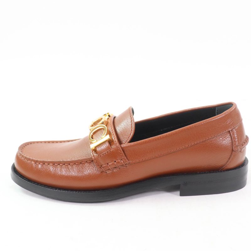 Gucci 700036 Logo Metal Leather Loafer Brown Gold Hardware 35 With Box And