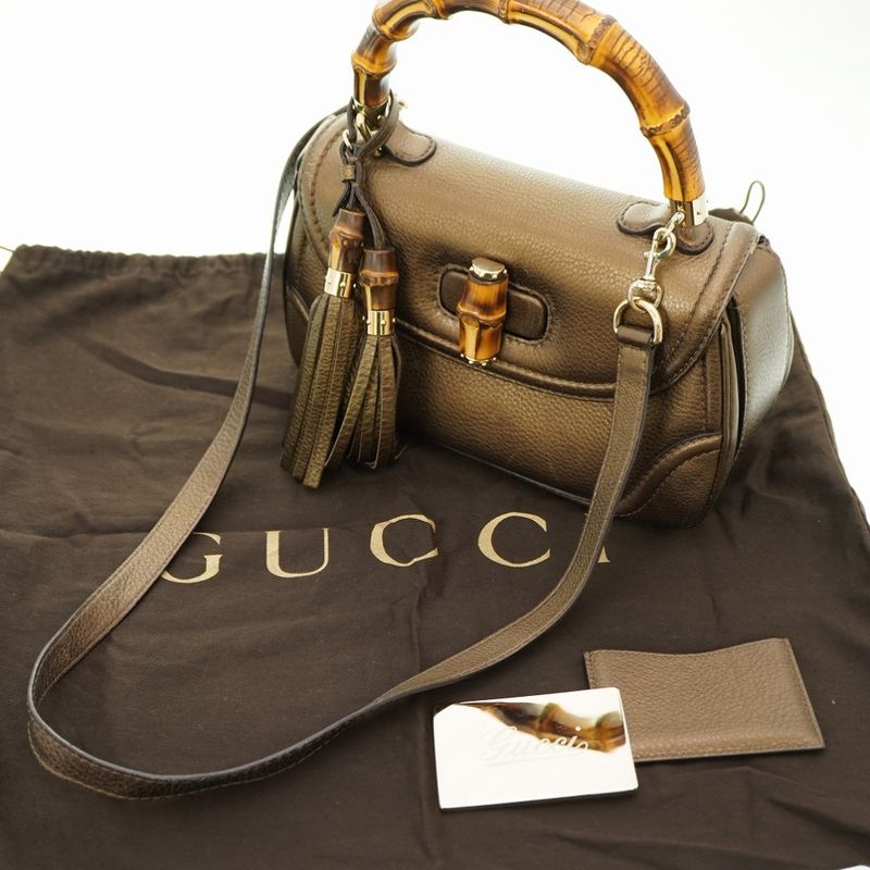 Gucci New Bamboo Shoulder Handbag 254884 Leather With Gold Strap 0020gucci