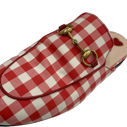 Gucci Prince Town Flat Shoes Fabric Red White Gold Mule Slipper Sandals Check