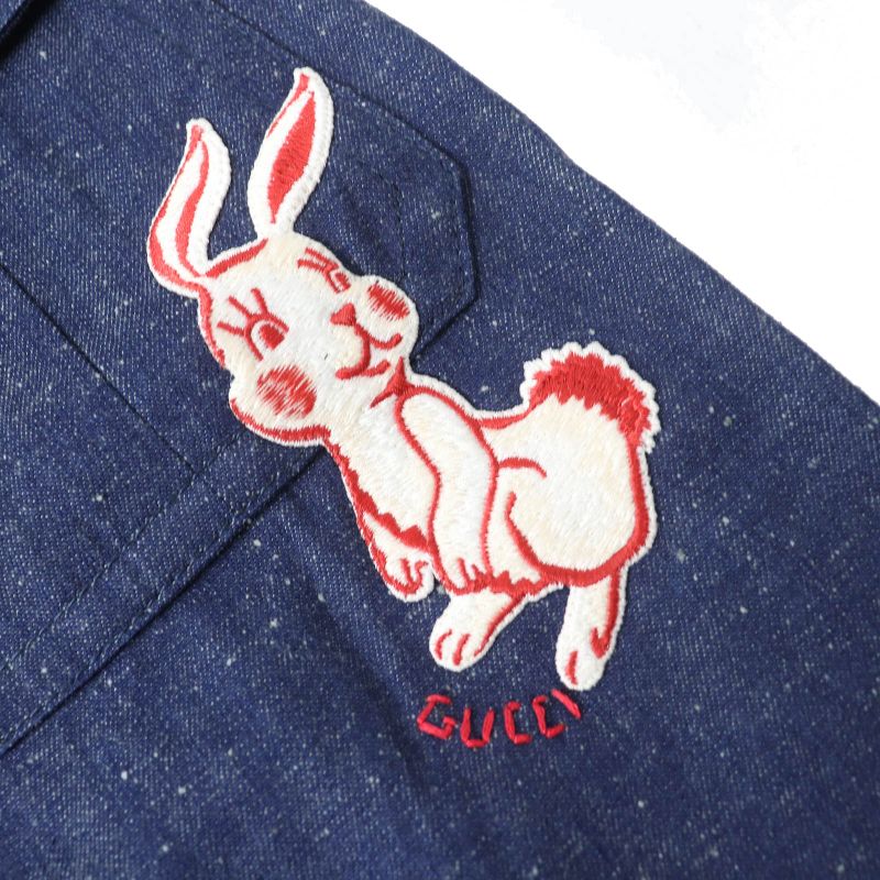 Gucci 521009) 100% Cotton Webline GG Logo Button Rabbit Embroidered Denim
