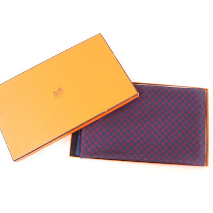 Hermes Silk Angora Ikari Pattern Fringed Shawl Scarf Stole Scarf Navy With Box