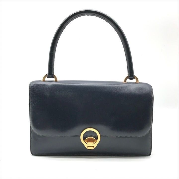 Hermes Leather Vintage Ring de Gold Hand Bag Navy