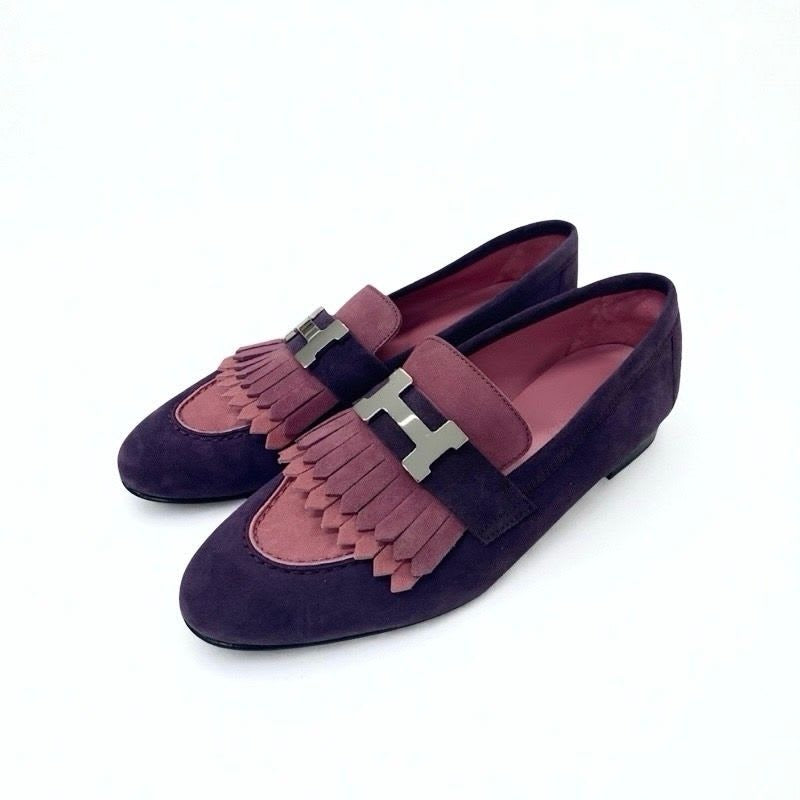 Hermes Royale Loafers Leather Shoes Suede Purple Pink Silver Hhardware Fringe