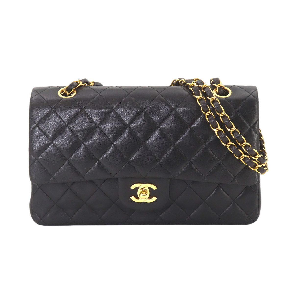 Chanel Quilted 25 Chain Shoulder Bag Lambskin Black Gold CC Logo