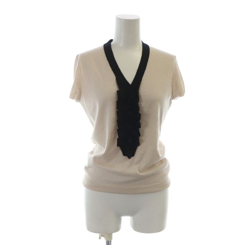 Chanel 07 C Henley Neck Cashmere Knit T-Shirt Cut And Sew Short Sleeve Ruffle