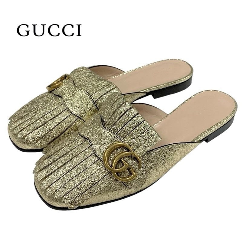 Gucci Double G GG Marmont Sandals Mules Slippers Shoes Fringe Leather