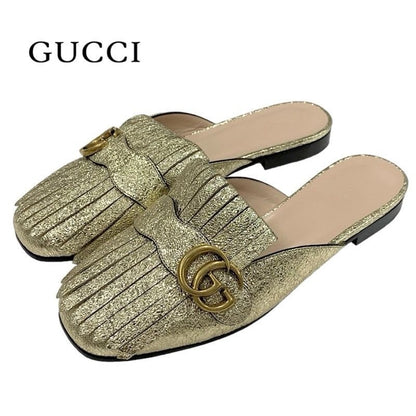 Gucci Double G GG Marmont Sandals Mules Slippers Shoes Fringe Leather