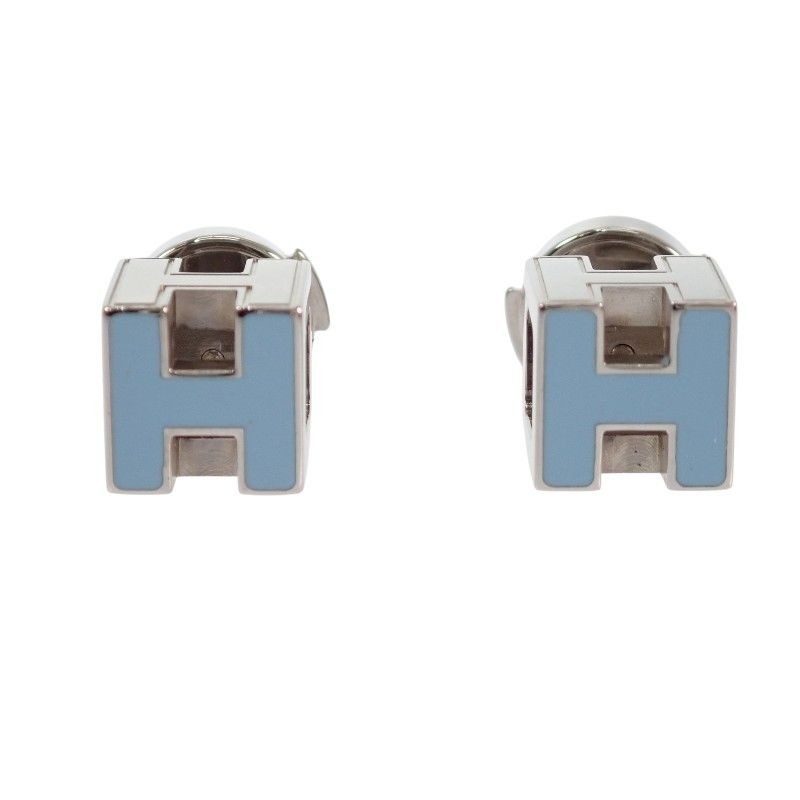 Hermes Cage d'H Cube Earrings Stud Both Ears Metal Blue Silver