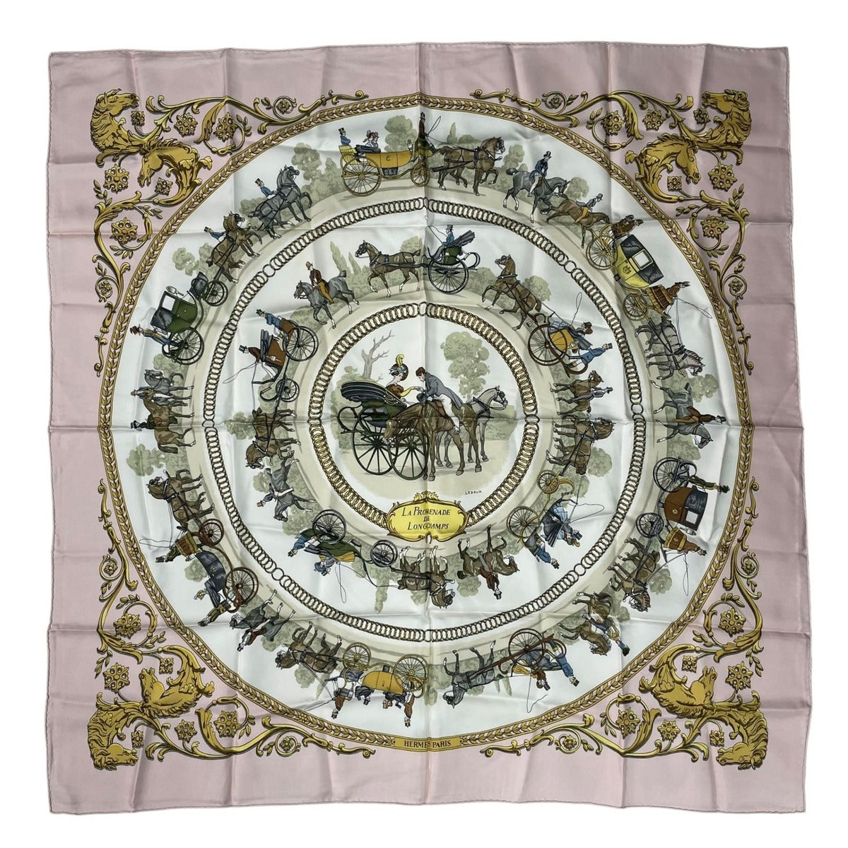 Hermes Scarf Silk Carre 90 la Promenade de Longchamps Walk to Long Chien Pink