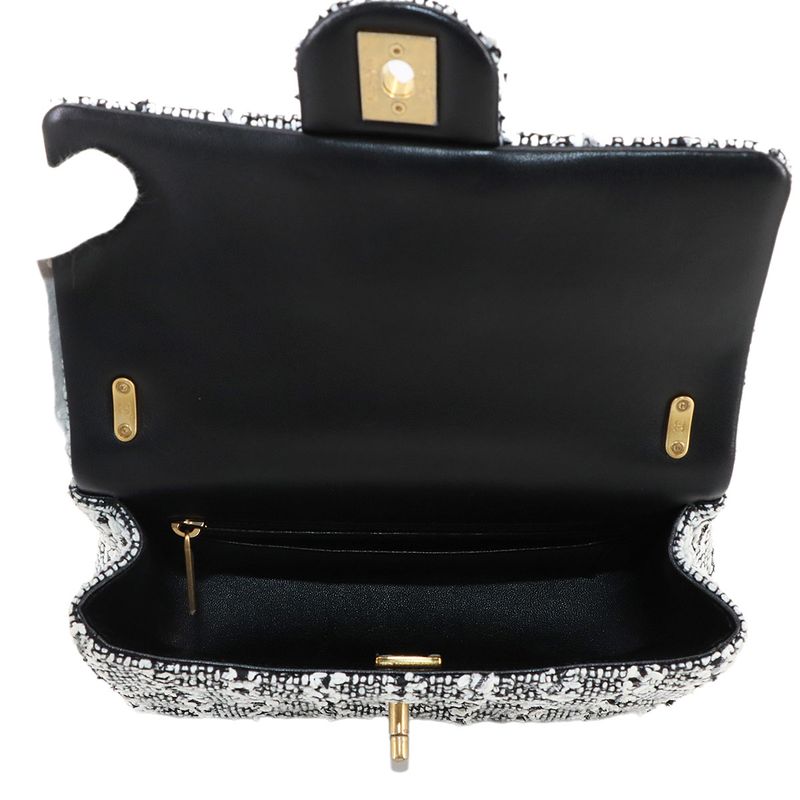 Exhibited Chanel Pearl Chain 2way Hand Shoulder Bag Tweed Lambskin White Black