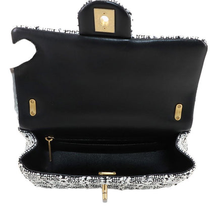 Exhibited Chanel Pearl Chain 2way Hand Shoulder Bag Tweed Lambskin White Black