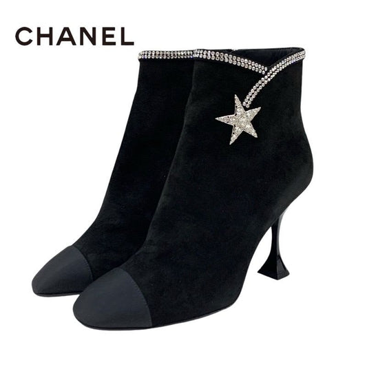 Chanel Boots Short Shoes Suede Black Rhinestone Star