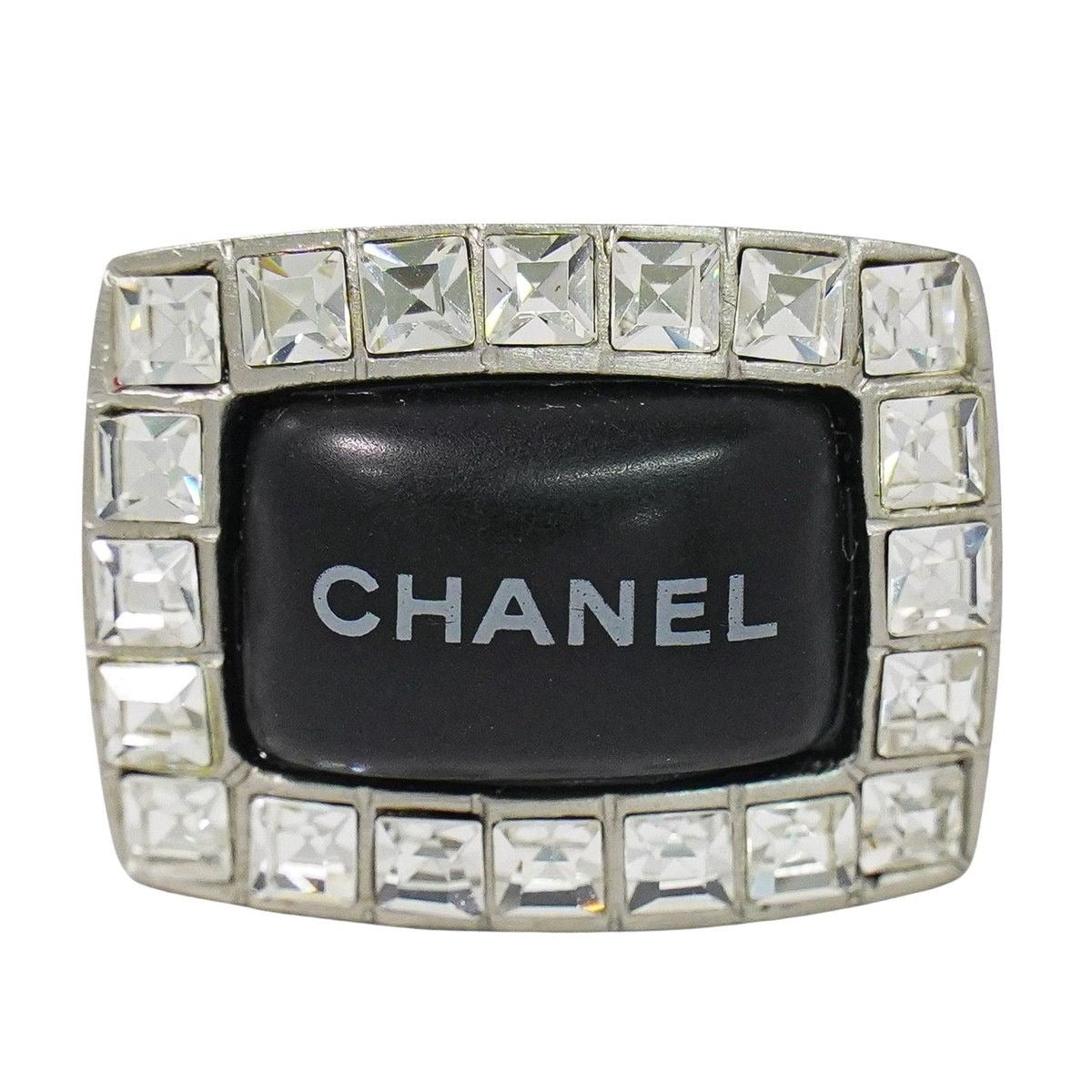 Chanel Logo Rhinestone Ring Metal Silver Black