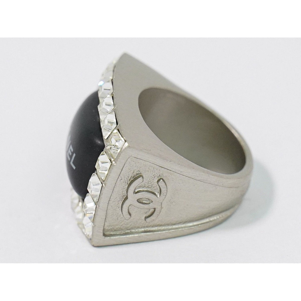Chanel Logo Rhinestone Ring Metal Silver Black — view 2