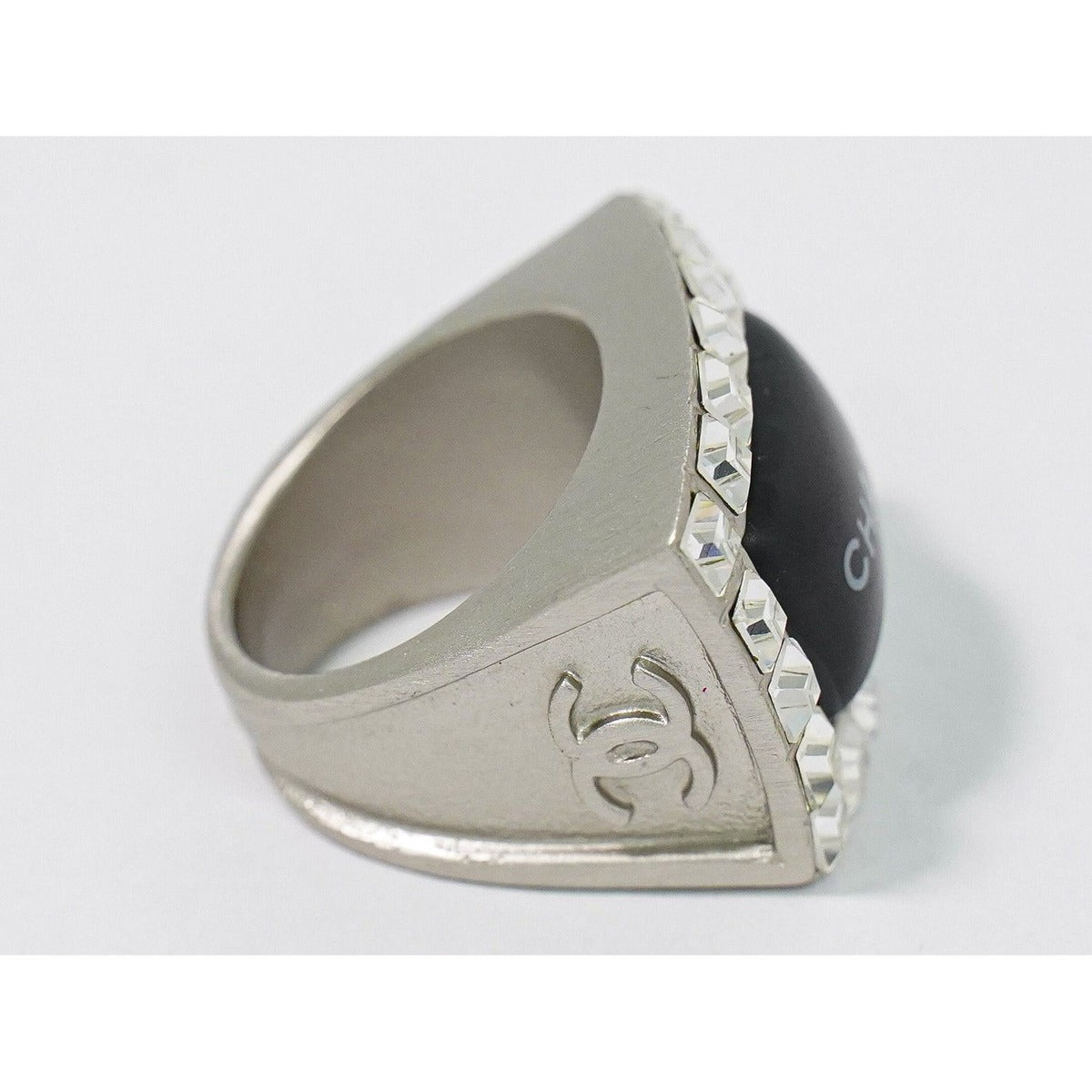 Chanel Logo Rhinestone Ring Metal Silver Black — view 5