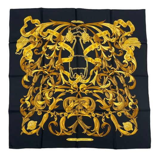 Hermes Scarf Silk Carre 90 Lemors a la Conetable Elegance Gold Black