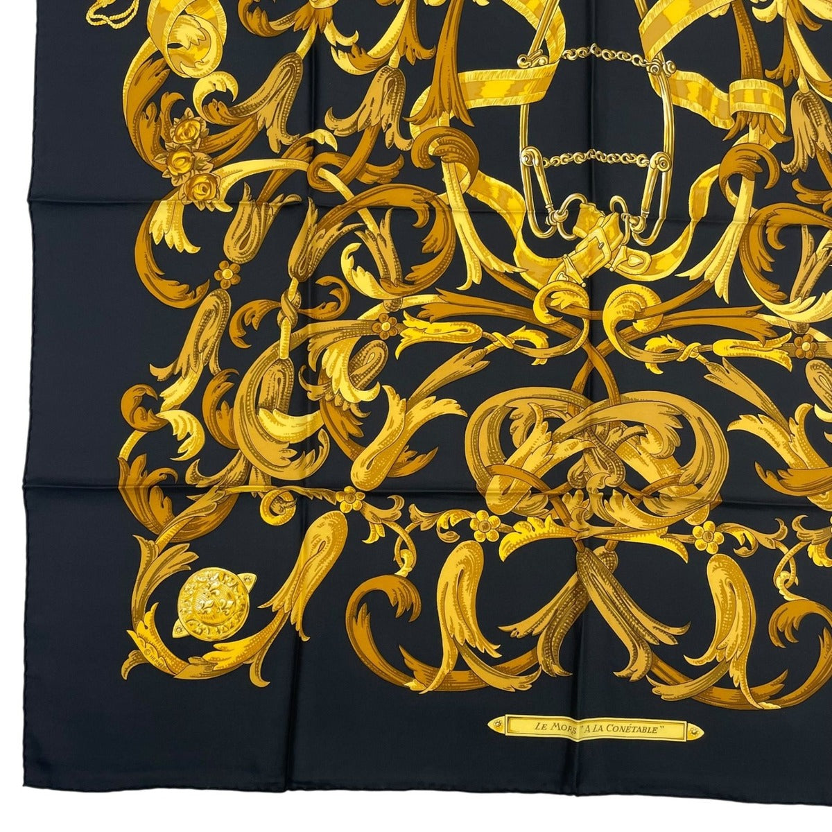Hermes Scarf Silk Carre 90 Lemors a la Conetable Elegance Gold Black — view 4