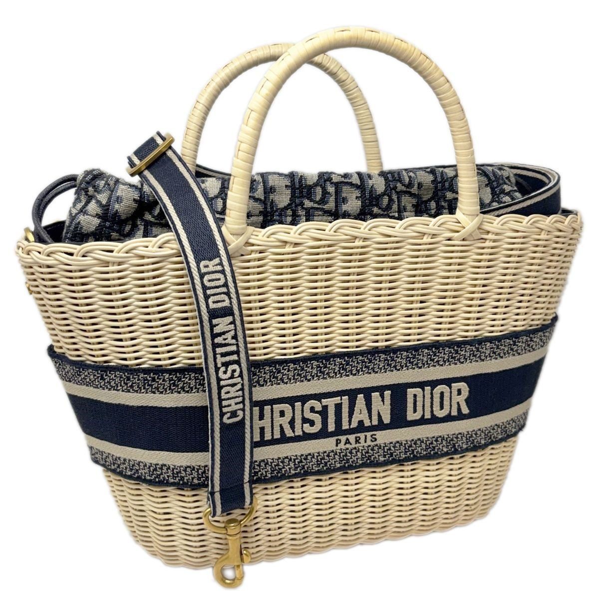Dior Basket Bag Pannier Chapeau 2-Way Oblique Black Jacquard Wicker Natural Navy