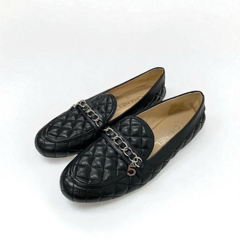 Chanel Loafer Leather Shoes Black Silver Coco Mark Quilted Flat