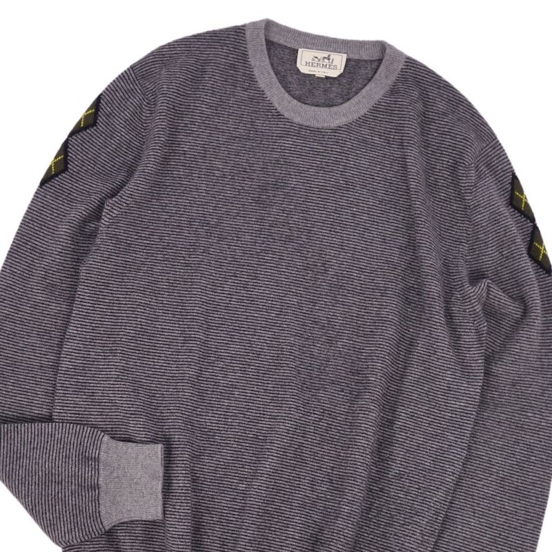 Hermes Knit Sweater Long Sleeve Long Sleeve Striped 100% Cashmere Tops Men's XL