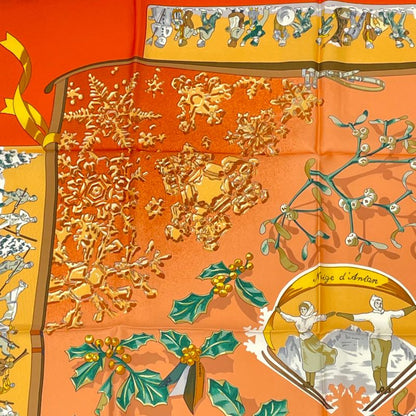 Hermes Carre 90 Neige D'antan Last Year's Snow 100% Silk Scarf Orange