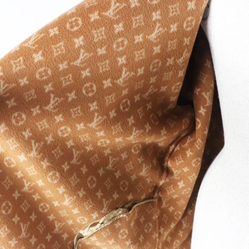 Louis Vuitton 1a8262 Wool Silk Lined Monogram Pattern Hooded Wrap Coat Camel 42