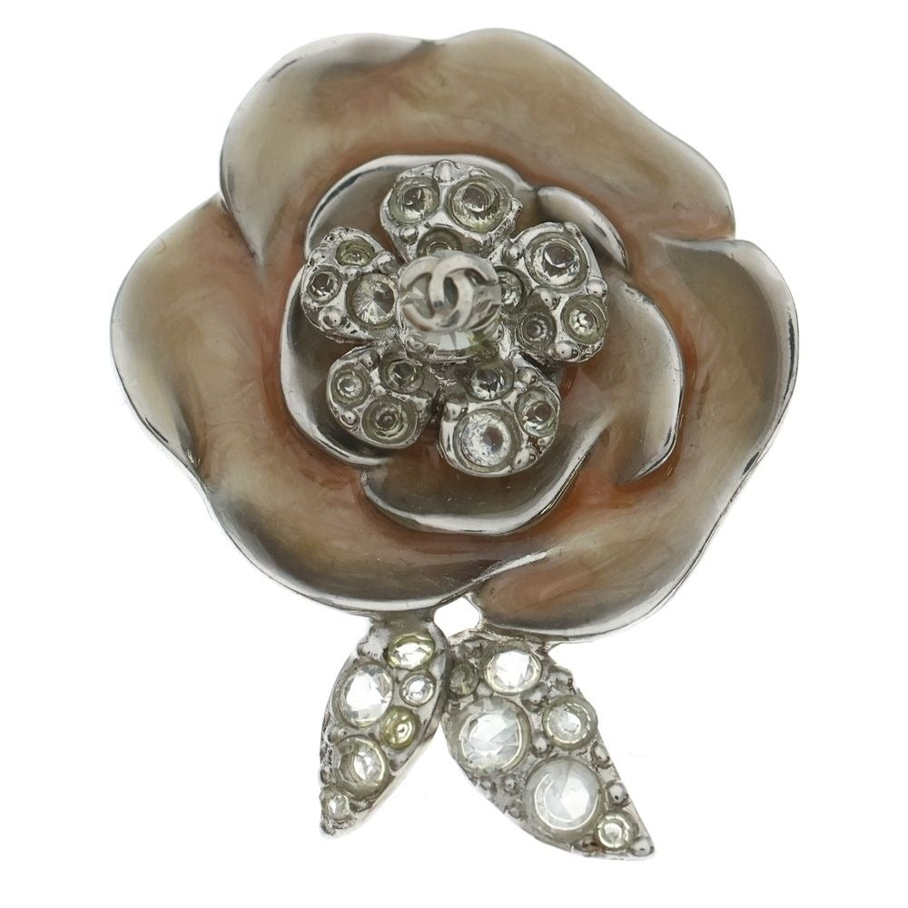 Chanel Camellia Brooch Pin Badge Pink Beige Silver