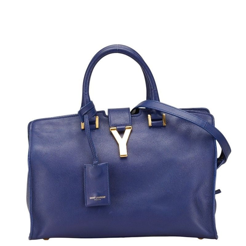 Saint Laurent YSL Logo Petit Cabas 2-Way Shoulder Bag Blue Leather