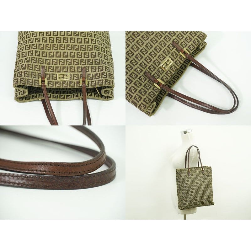 Fendi Zucchino Tote Handbag Canvas Beige Brown 8 Bh131 Bag — view 6