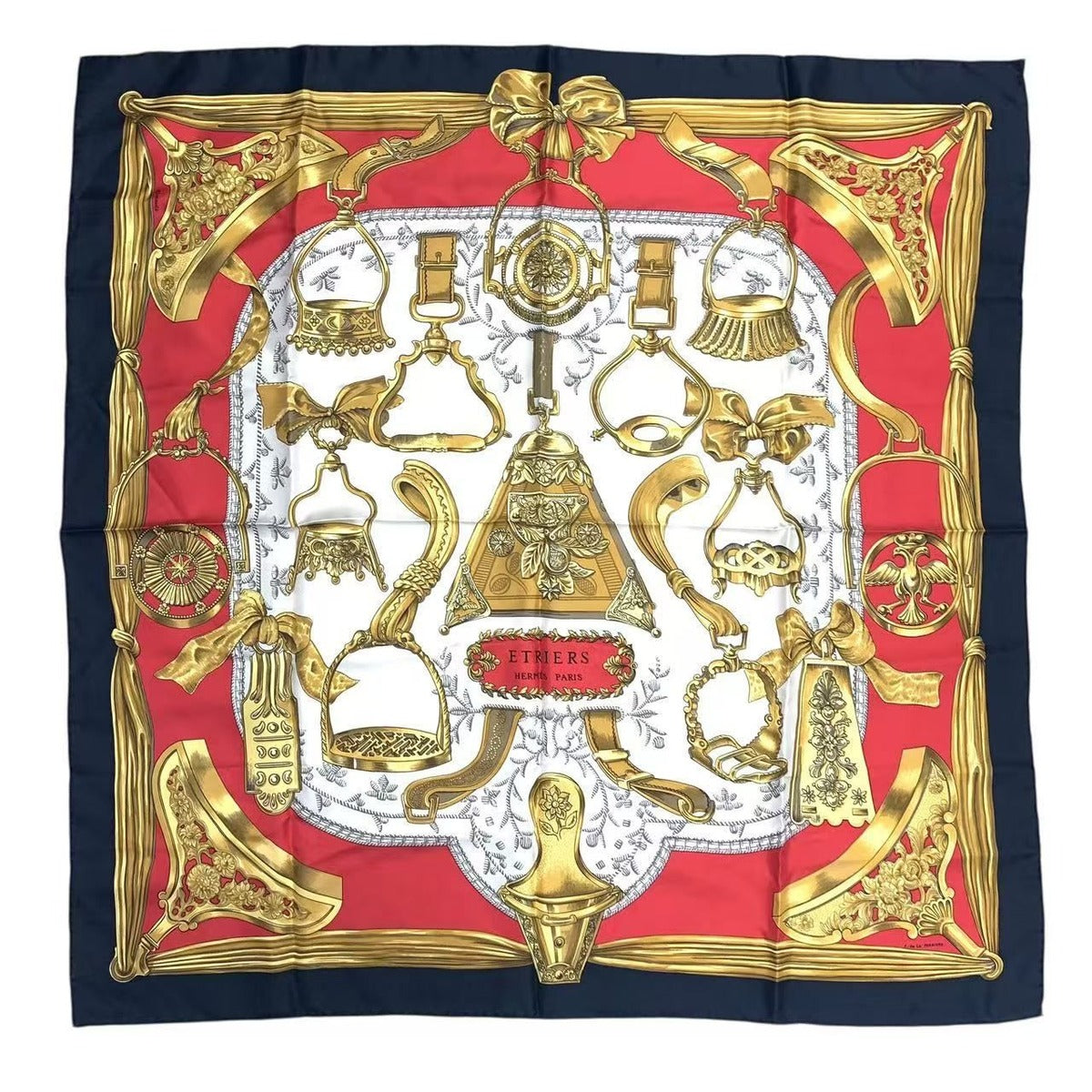 Hermes Carre 90 Etriers Stirrup Pattern Harness Scarf Silk Black Red