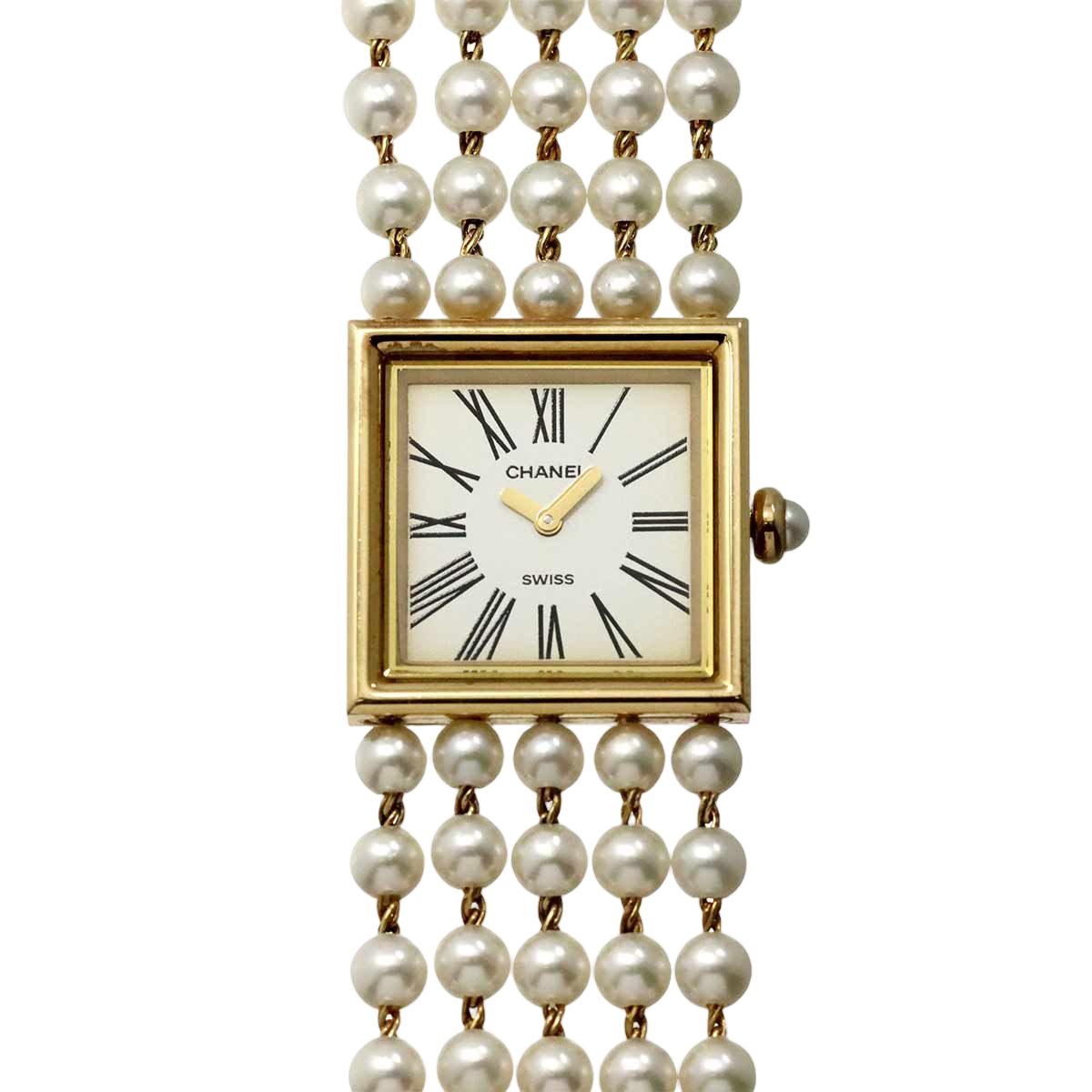 Chanel Mademoiselle Pearl Bracelet M Watch White 18K Yellow Gold Quartz