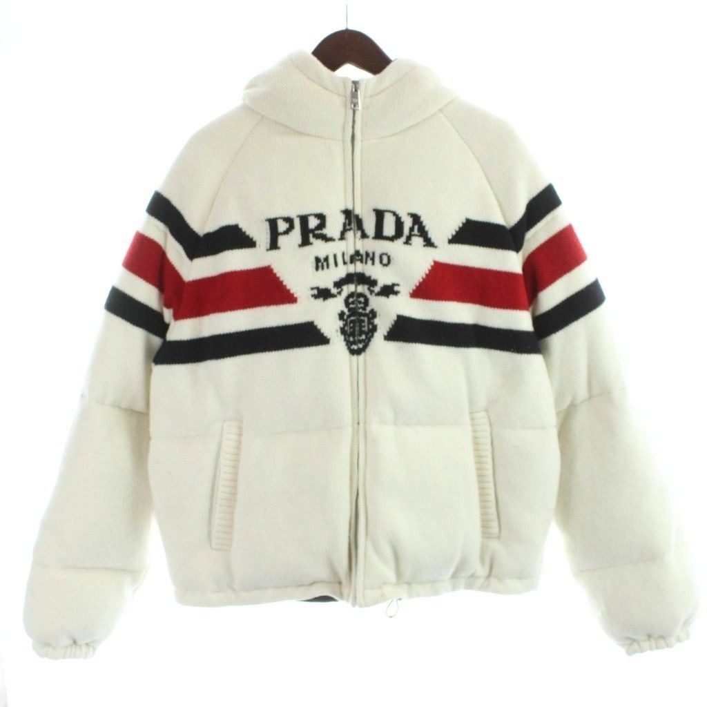 Prada Down Jacket Hooded Wool Cashmere Blend Logo Jacquard Knit L Ivory MW