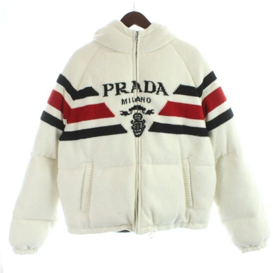 Prada Down Jacket Hooded Wool Cashmere Blend Logo Jacquard Knit L Ivory MW