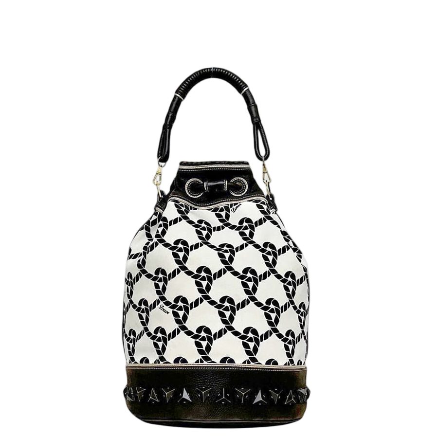 Loewe Drawstring Bucket Bag Brown White 347.80.008 Canvas Leather