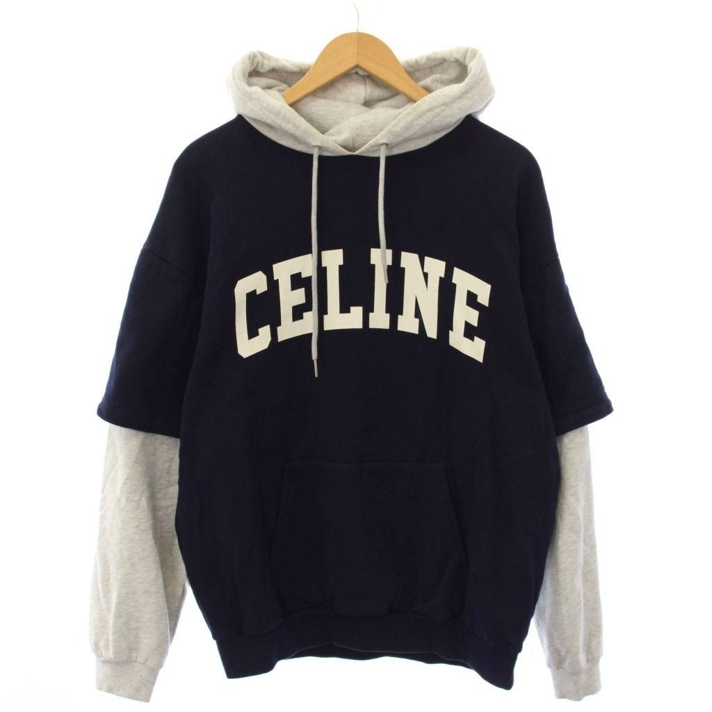 Celine Pullover Hoodie Sweatshirt Long Sleeve Layered Logo Print Navy Gray BB Sweater