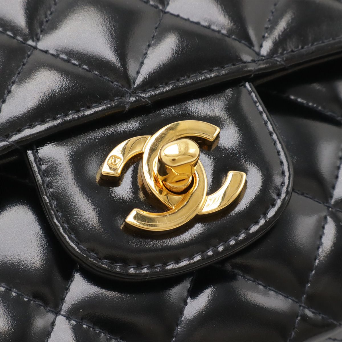 Chanel Matelasse Handbag Top Handle Flap Bag Patent Leather Black Black