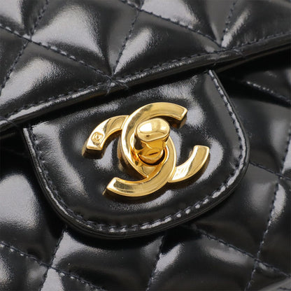 Chanel Matelasse Handbag Top Handle Flap Bag Patent Leather Black Black