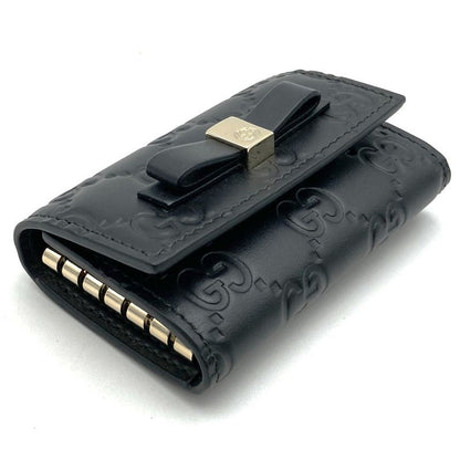 Gucci 388682 Key Case Leather Silver Hardware Ribbon Black Ladies Simple Fashion