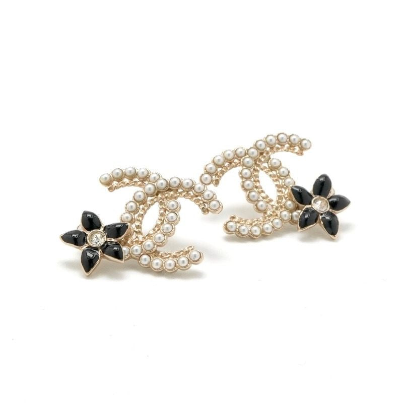 Chanel Earrings Gold Black CC Logo Rhinestone Flower