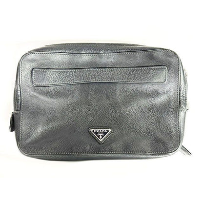 Prada Clutch Second Triangle Logo Saffiano Leather Black Aa