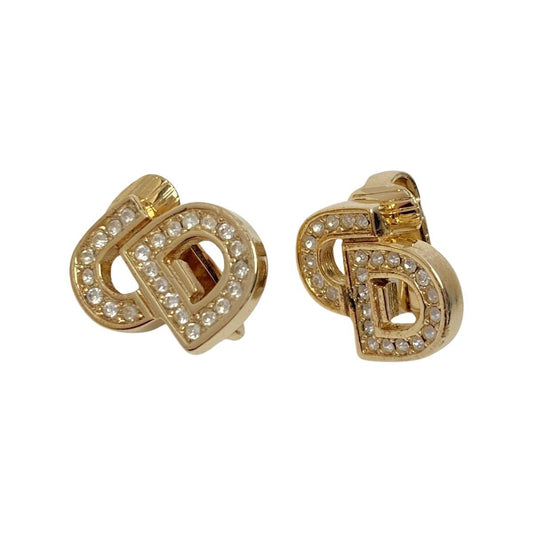 Christian Dior CD Logo Rhinestone Earrings Gold GP Vintage