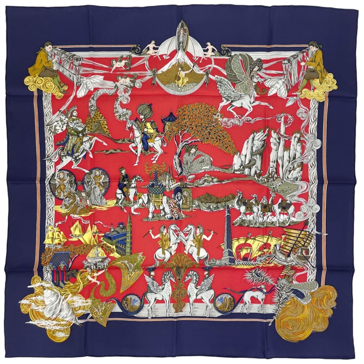 Hermes Carre 90 Au Fil de la Soie As the Silk Threads Scarf Red Multicolor
