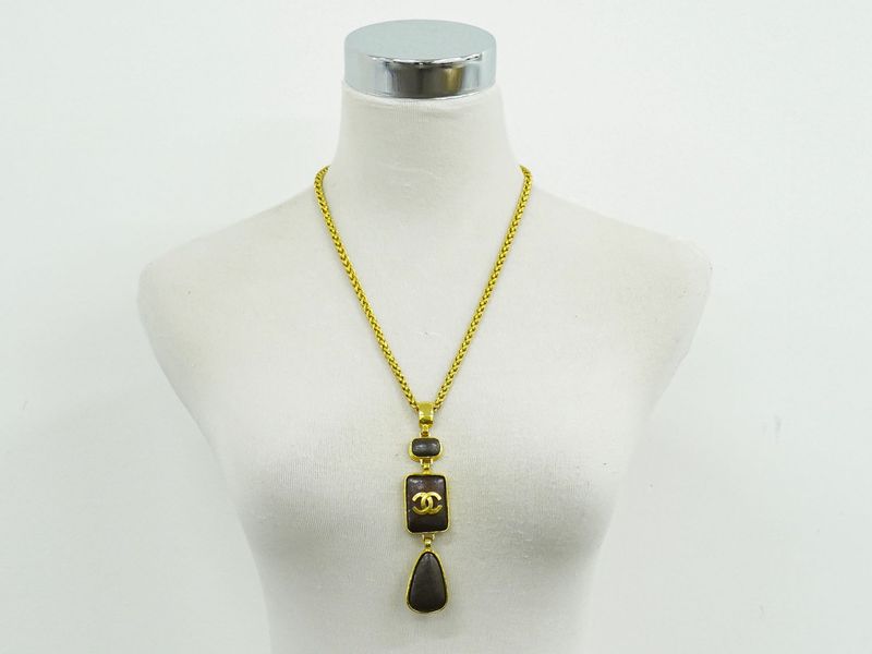 Authentic Chanel Coco Mark Necklace Pendant GP Gold Plated Brown Coco Mark