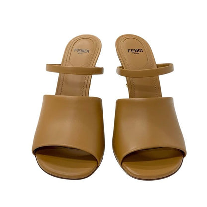 Fendi First Sandals Shoes Leather Brown Gold Unused Mule Metal Heel Strap